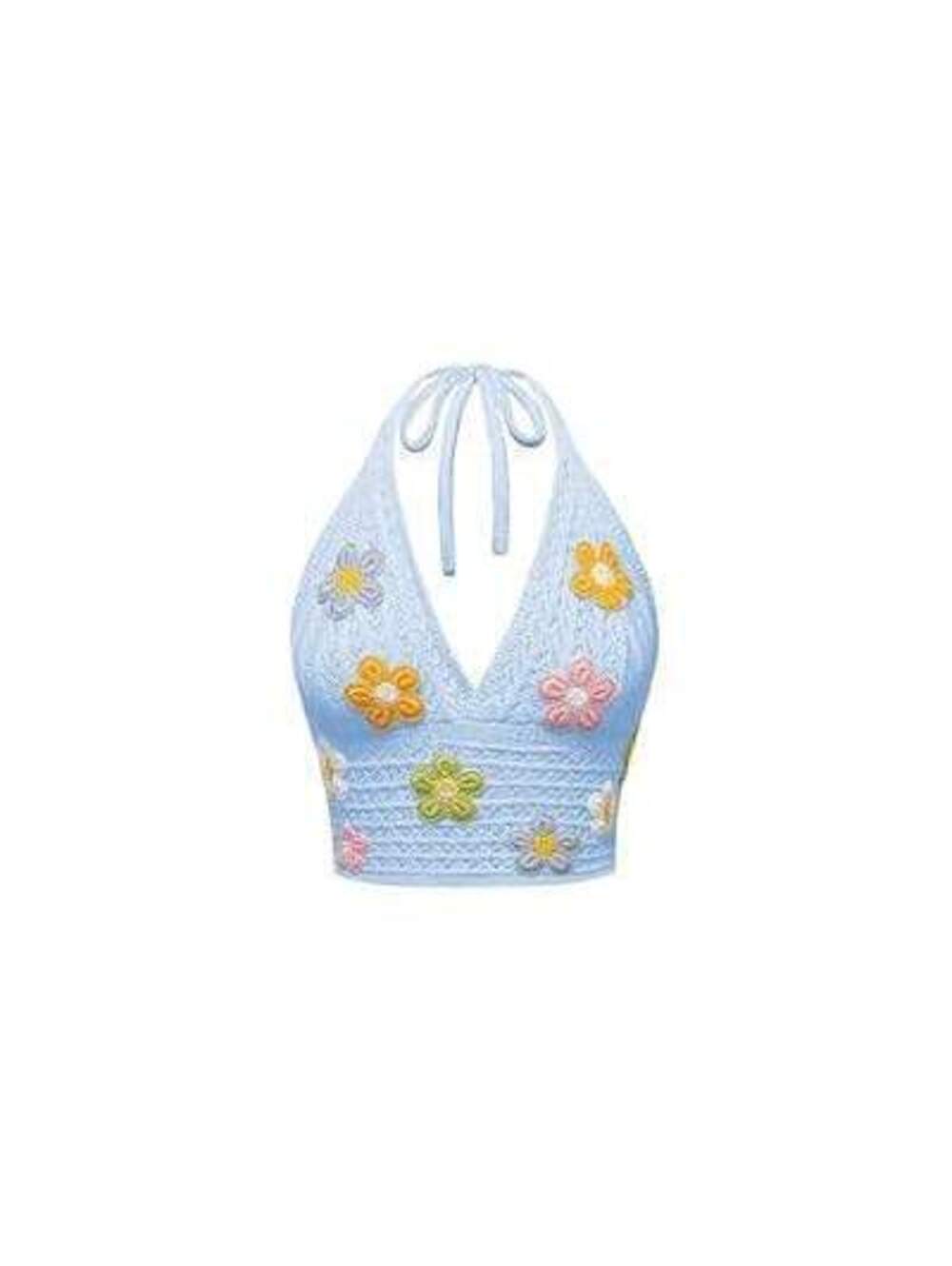 Crochet Halter Top with Colorful Floral Appliques, Size XL